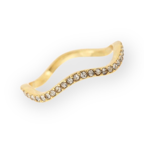 14K Gold Plated ᯾ Wavy Pave Stones Cocktail Ring ᯾ Shiny Gold ᯾ Simple Chic Gift - Picture 3 of 16
